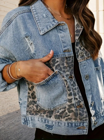 Wear And Tear Denim Jacket, Women’s Leopard Patch Short Jacket, Fashionable Street Outdoor Style, Women’s Leopard Print Denim Jacket, Cool And Casual